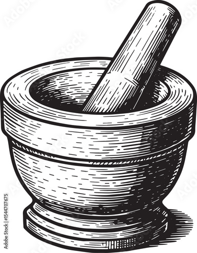 Detailed monochrome drawing of a mortar and pestle on a white ba