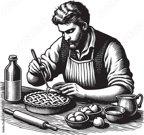 Monochrome woodcut style illustration of a man baking a lattice