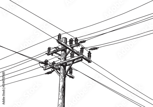 Line art illustration of a utility pole with power lines against