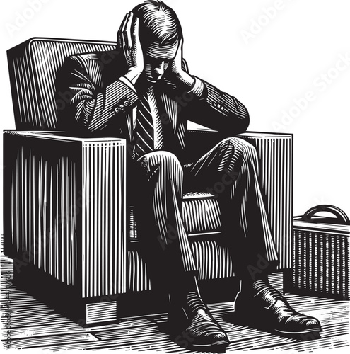 Distressed businessman in armchair covering ears illustration ar