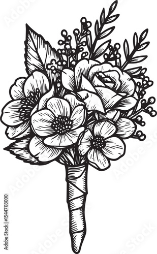 Elegant Black and White Floral Boutonniere Illustration for Wedd