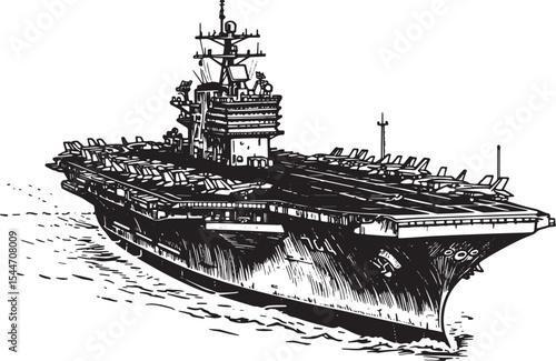 Detailed black and white illustration of an aircraft carrier at