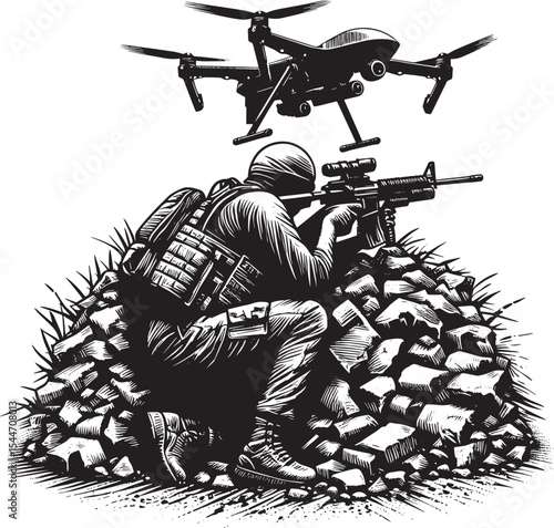 Futuristic battlefield scenery: soldier concealed from drone sur