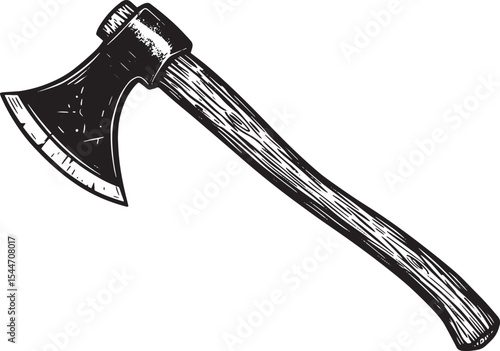 Detailed Black and White Illustration of an Axe on a White Backg