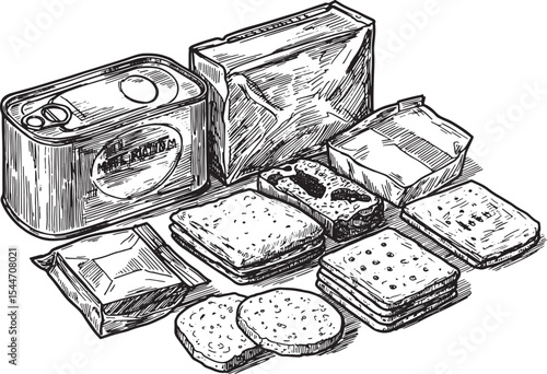 Illustration of emergency food supplies, rations, survival provi