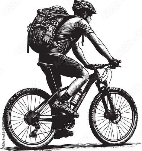 Trailblazing cyclist depicted in dynamic woodcut style illustrat