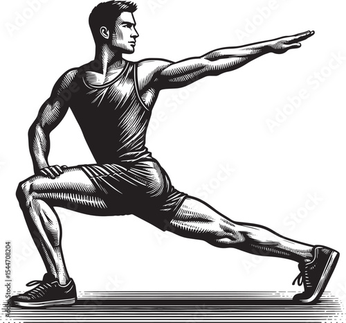Dynamic side lunge illustration of a athletic man in vintage woo