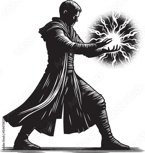 Magician channeling mystical power: conjuring energy sphere with