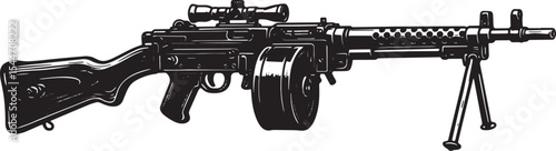 Detailed Illustration of a Vintage Machine Gun with Scope and Bi
