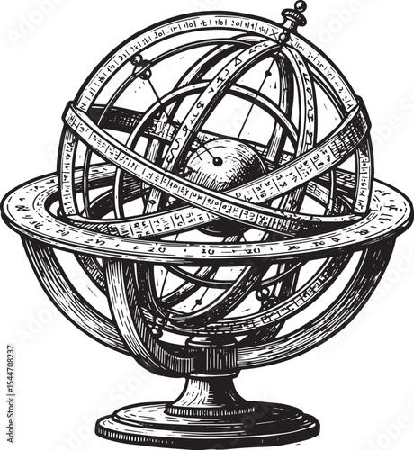 Detailed Illustration of an Armillary Sphere against a White Bac