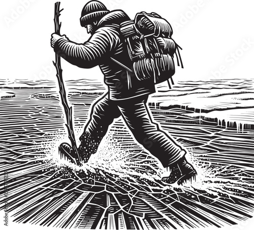 A monochrome woodcut illustration of a lone traveler crossing a