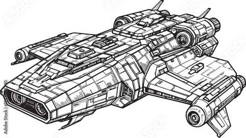Detailed black and white illustration of a futuristic spacecraft