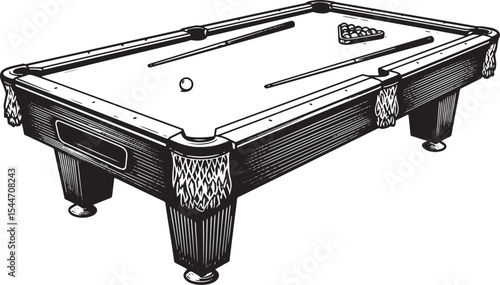 Black and White Illustration of a Billiard Table with Balls and