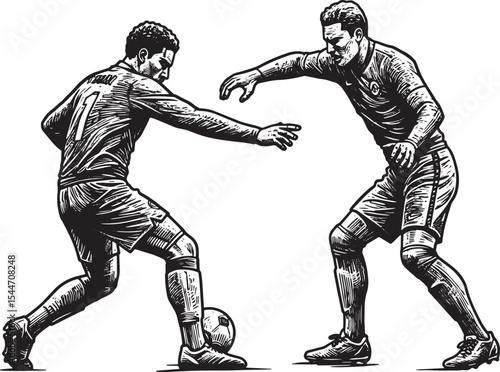 Black and White Illustration of Two Soccer Players During a Matc