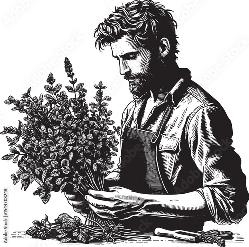 A skilled artisan with fresh herbs in hand showcasing a woodcut