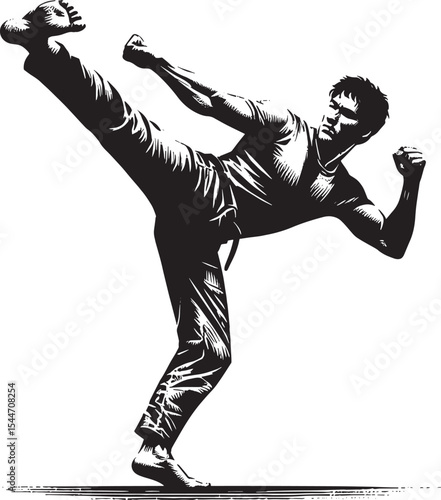Dynamic woodcut illustration of a man executing a forceful mid-a