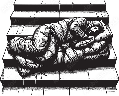 Woodcut illustration of a person sleeping in a sleeping bag on c