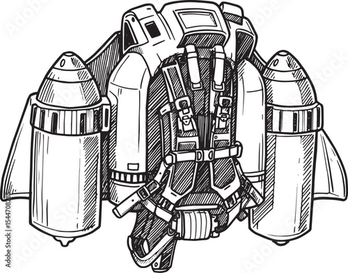 Detailed Black and White Illustration of a Futuristic Jetpack Co