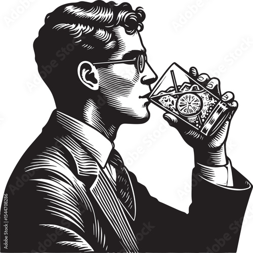 Elegant monochrome illustration of a person enjoying a refreshin