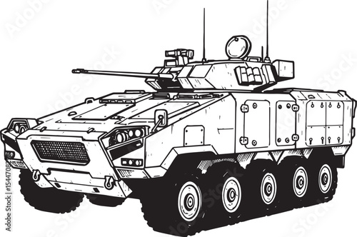 Detailed Line Art Illustration of a Military Armored Vehicle on