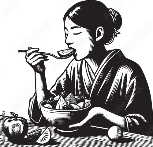 Monochrome Woodcut Illustration: Woman Enjoying Fresh Fruit Sala