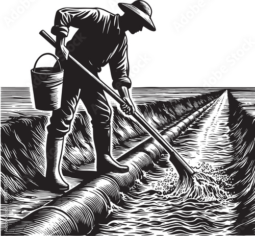Monochrome illustration of a farmer clearing water from a trench