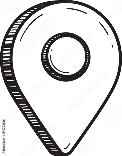 Hand-drawn map pin icon in black and white isolated on a white b