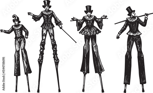 Black and white illustration of people on stilts performing a sh