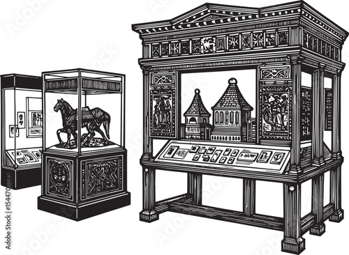 Artwork depicting museum displays and artifacts with historical