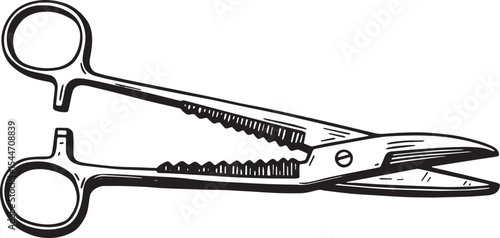 Hand-drawn illustration of surgical scissors, medical equipment,