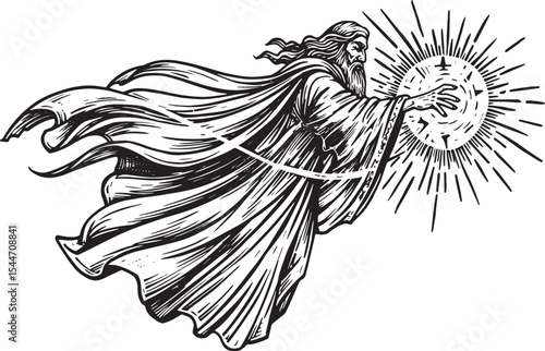 Illustration of a Wizard with a Staff and Magical Energy in Deta