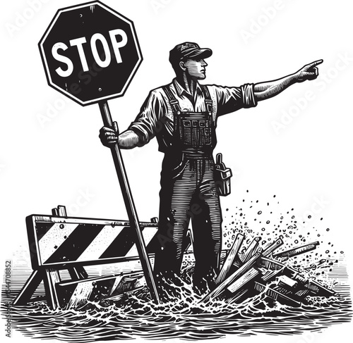 Road worker directs traffic in flooded area with stop sign woodc