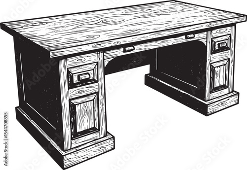 Hand-drawn illustration of a vintage wooden desk in black and wh