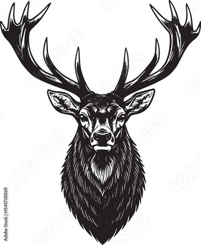 Detailed black and white illustration of a majestic deer head wi