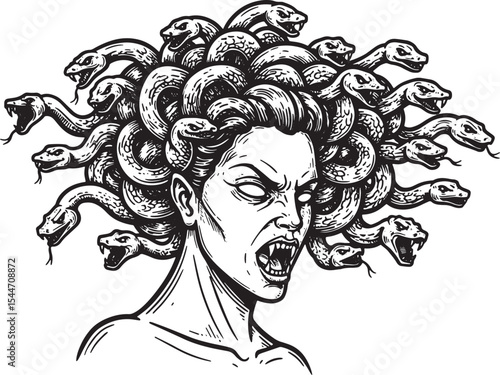 Illustration of Medusa with Snakes in Her Hair in Black and Whit