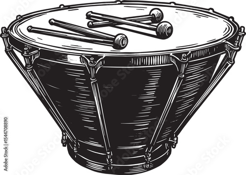 Detailed Black and White Illustration of a Timpani Drum with Mal