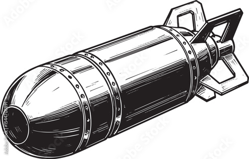 Black and white illustration of a detailed vintage bomb, warfare