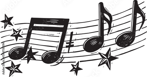 Musical Notes and Stars: A Black and White Artistic Illustration
