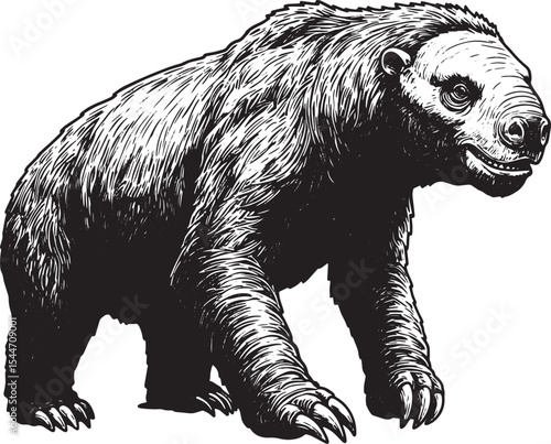 Illustration of a giant ground sloth walking with a detailed bla