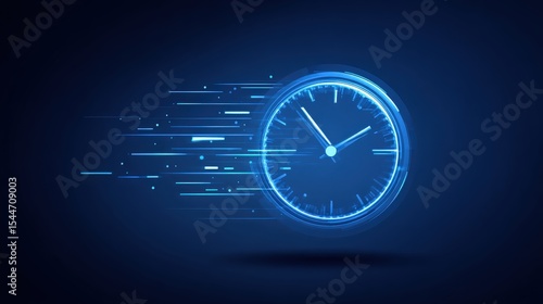 Futuristic blue clock with dynamic speed lines symbolizes fast time and rapid progress on a dark background.