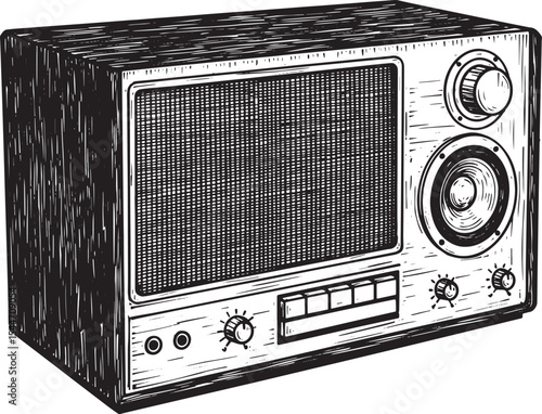 Detailed black and white illustration of a vintage retro radio r