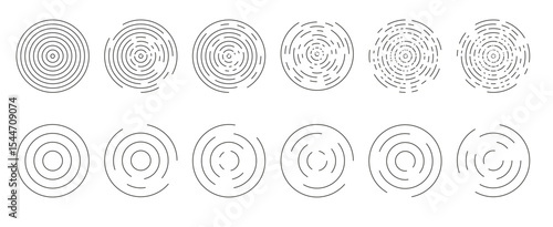 Circular ripple icons. Concentric circles isolated. Vortex, sonar wave, soundwave, sunburst, signal signs. Concentric ripple lines forming circular wave pattern PNG