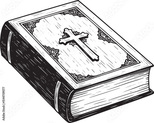 Detailed Ink Illustration of a Holy Bible with Cross on the Cove