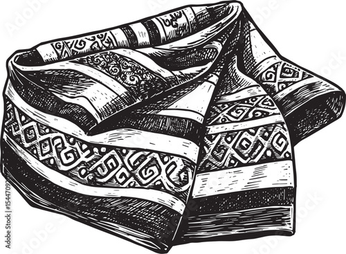 Hand-drawn illustration of an ornamental scarf with traditional