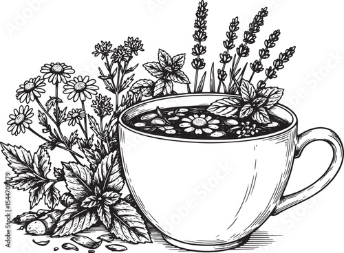 Elegant hand-drawn illustration of herbal tea with flowers and p