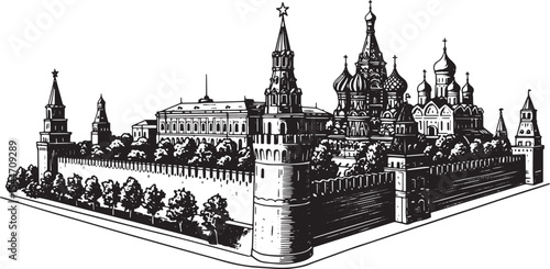Hand-drawn illustration of the Moscow Kremlin and Saint Basil's