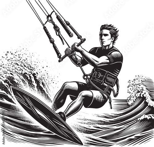 Dynamic woodcut illustration showcasing a kitesurfing athlete ri