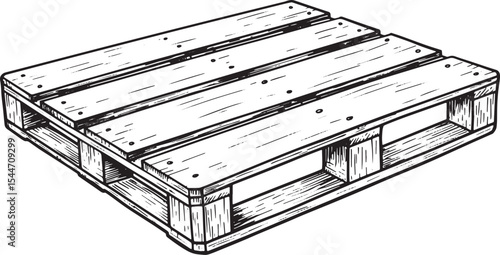 Detailed Black and White Illustration of a Wooden Pallet on a Wh