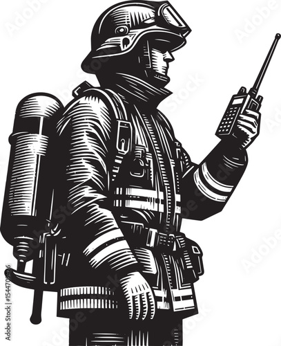 Monochromatic woodcut style illustration of a firefighter commun