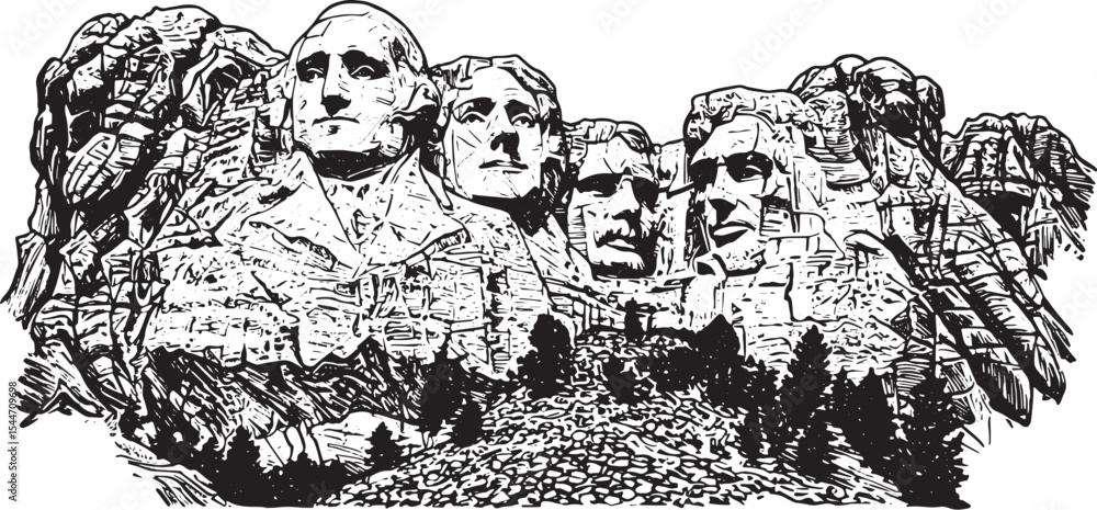 Fototapeta premium Black and white illustration of Mount Rushmore in South Dakota a